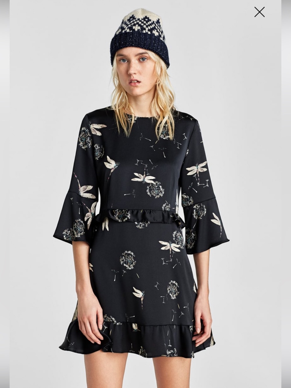 Zara Women’s Black Dragonfly Floral Print Ruffled Mini Dress